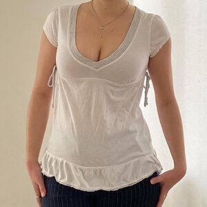 Aeropostale Babydoll White Short Sleeve Vintage Top with Ruffle Hem